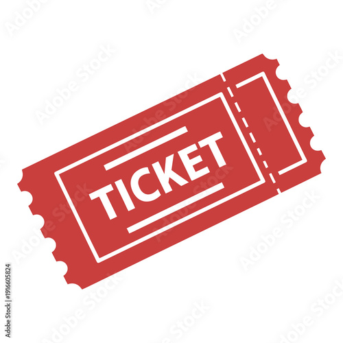 Red ticket icon with white text and lines on white background icon