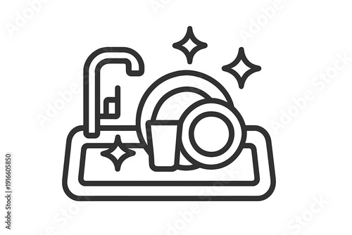 Line icon of clean plates and cup stacked in a kitchen sink showing hygiene