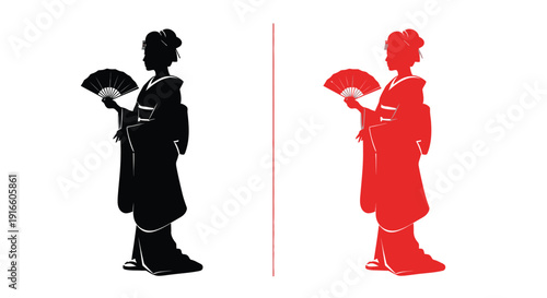 Japanese woman holding a fan in striking black and red silhouette