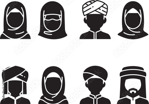 Eight diverse people wearing various traditional headscarves and masks.