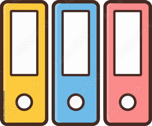 A cartoon-style illustration of three colorful file folders – yellow, blue, and pink, isolated on a white background. The folders have simple designs with a hole for labeling.
