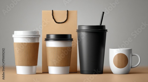 Wallpaper Mural A coffee cup, a coffee bag, and a coffee mug are displayed on a table. Concept of warmth and comfort Torontodigital.ca