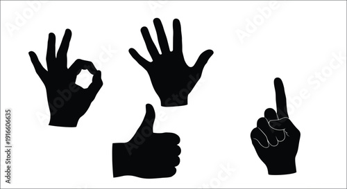 Four hand gestures in black including ok sign thumbs up and pointing silhouette