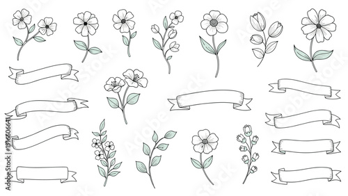 Set of hand-drawn floral elements and blank banners is provided for invitations, scrapbooking, and feminine brand identity designs.