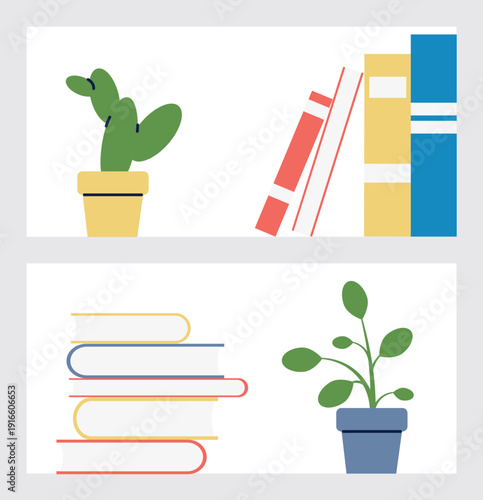 Bookcase with houseplants and books. House interior decoration element