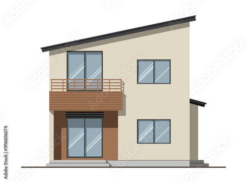 Modern two story house with shed roof, cream facade, wooden balcony, and sliding glass doors