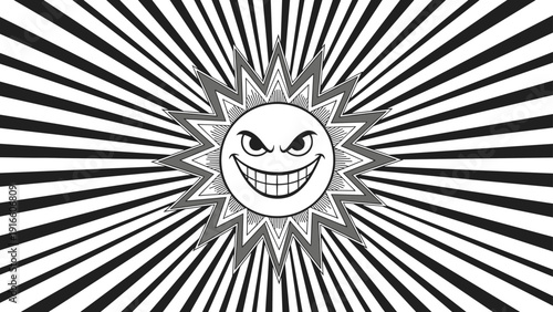 Evil looking sun with a menacing grin and sharp rays is positioned in the center of a black and white radial sunburst pattern.