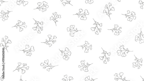 Delicate pattern of tiny hand drawn flower sprigs and botanical branches is scattered across a solid white background.