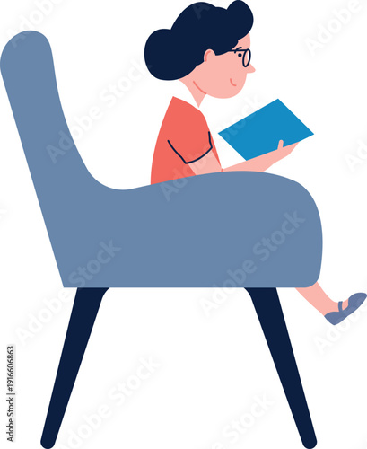 Girl read book. Smart kid study in armchair