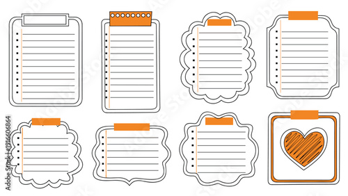 Set of blank notebook pages and memo pads with orange tape and headers are organized on a white background for planning.