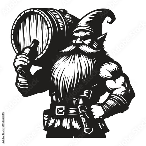 A bearded dwarf holding a barrel and a mug in a black and white