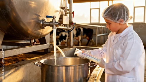 Wallpaper Mural Medium shot of a small dairy worker carefully measuring raw milk samples from incoming tanker during daytime quality testing at compact farm facility. Torontodigital.ca