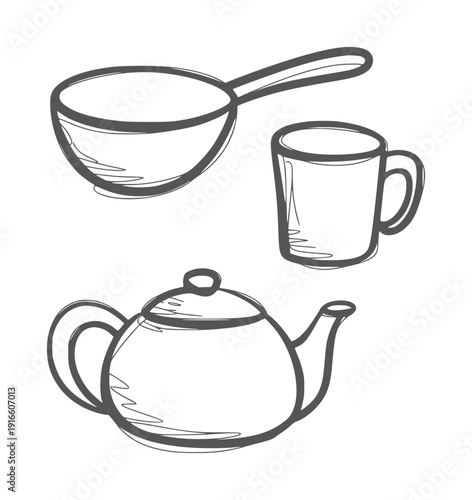 Black and white line of a teapot a mug and a pan