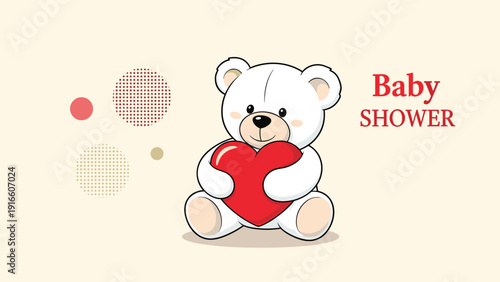 Cute white teddy bear is sitting and hugging a large red heart with the words Baby SHOWER written on the side of the image.