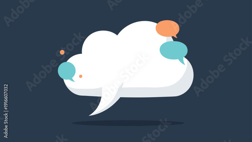 Large white speech bubble is accompanied by several smaller colorful bubbles on a dark navy blue background for messages.