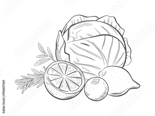Black and white line of cabbage lemon and rosemary fruit vegetable