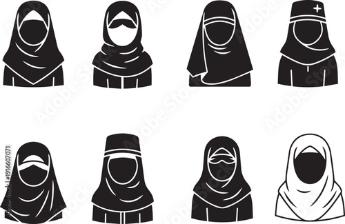 Various Muslim women wearing different styles of hijabs and niqabs.