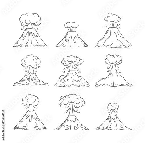 Black and white line of nine erupting volcanoes eruption lava smoke cloud