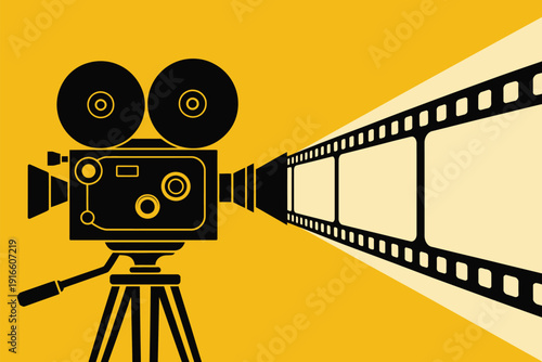 Vintage Film Camera and Movie Reel on Yellow Background with Black Silhouette