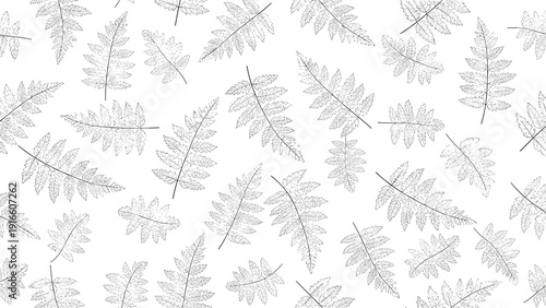 Seamless pattern shows many small grey fern leaves scattered across a white background in a delicate and natural arrangement.