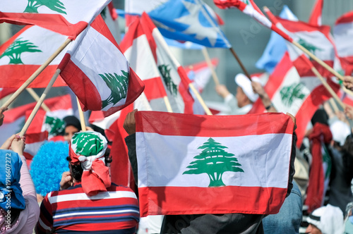 Beirut, Lebanon - February 14th 2010: Lebanese flags at a demonstration in the Lebanese capital.