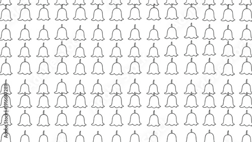Repeating pattern shows small hand drawn bell shaped flowers or lily of the valley arranged in a tight grid on a white background.