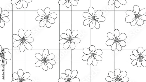 Simple grid pattern features hand drawn five petal flowers in each square, creating a clean and repetitive floral design.
