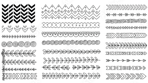 Large collection of diverse hand drawn decorative borders and dividers features lines, leaves, hearts, arrows, and geometric shapes.