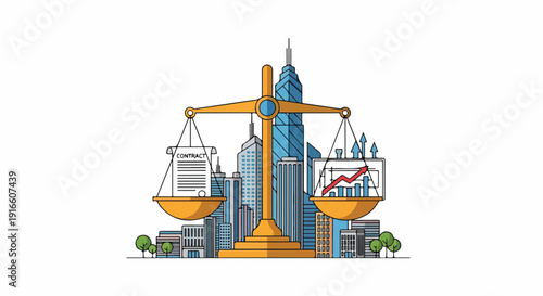 Scales of justice balancing business growth and legal documents against a cityscape background