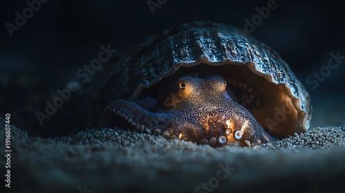 Hermit crab glowing inside seashell on sandy beach at night
