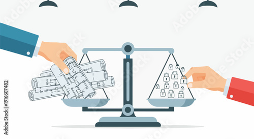 Weighing project blueprints against employee icons on a balance scale, representing business decisions and resource allocation