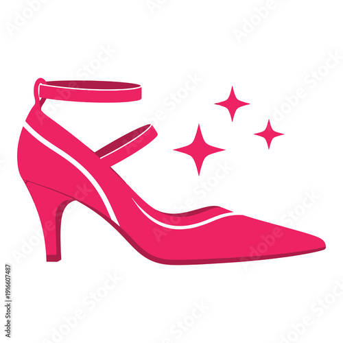 Pink high heel shoe with straps and sparkles isolated on white background icon