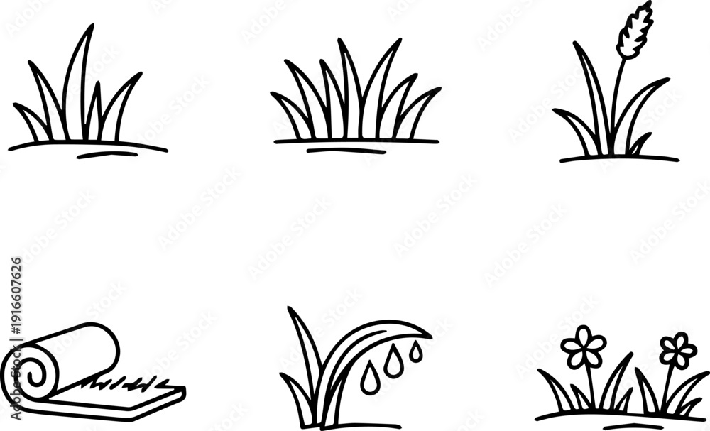 Naklejka premium Black linear vector grass icon set. Vector