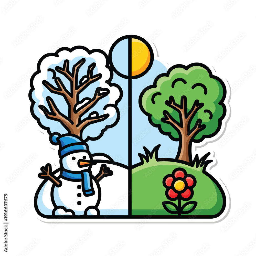 Obraz premium A snowman stands beside a tree contrasting winter and spring scenes in a divided landscape viewed from the side