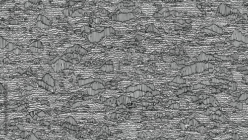 Dense abstract pattern of short wavy black lines and textured shapes covers the entire frame for a complex background.