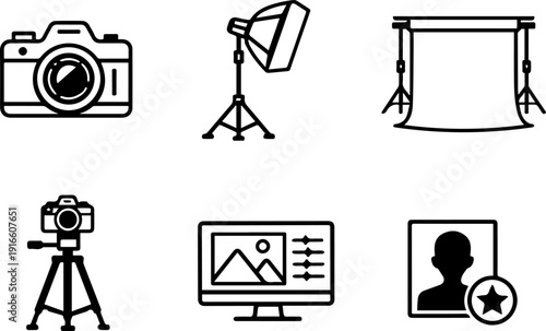Linear vector photography studio equipment icons
