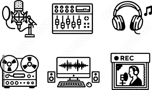 Linear vector audio recording studio icons

