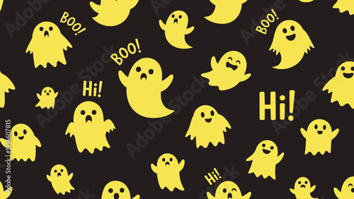 Seamless pattern with friendly yellow cartoon ghosts saying hi and boo on a black background perfect for fun Halloween themes.