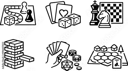 Board games tabletop entertainment icon set
