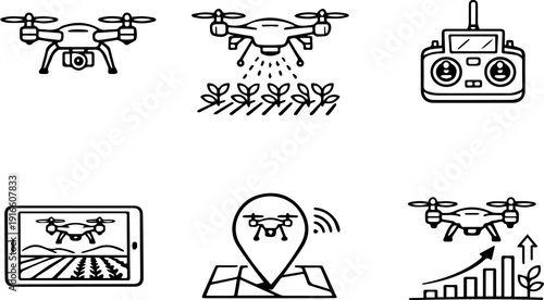 Smart farming agricultural drone technology icon set

