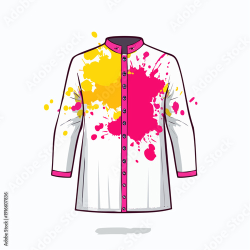 Dynamic abstract paint splatter design adorning a clean white collared shirt, featuring vivid pink and yellow hues for a modern artistic fashion statement