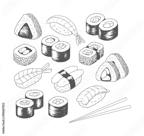 Black and white pencil of assorted sushi and chopsticks nigiri maki sashimi shrimp