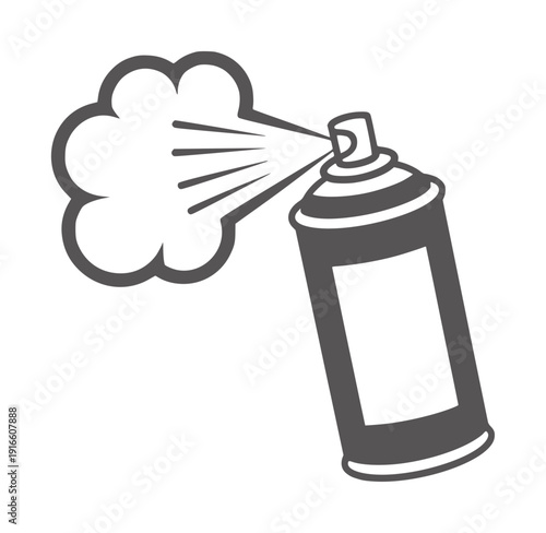 Black and white spray can emitting a cloud of mist