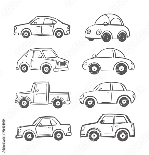 Black and white style of various cars and a pickup truck sedan hatchback