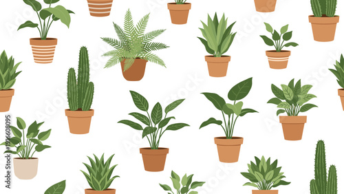 Seamless pattern featuring a charming variety of green potted plants and cacti for home decor and nature-inspired background designs.