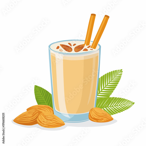Refreshing creamy almond drink with aromatic cinnamon sticks and whole almonds, a delightful sweet beverage perfect for a relaxing moment