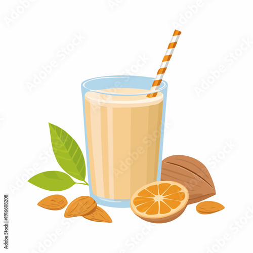 Refreshing almond and orange juice beverage with almonds, citrus slices, and green leaves, perfect for a healthy breakfast or snack