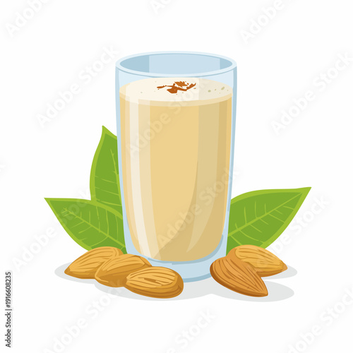 A wholesome glass of plant-based almond milk, accompanied by raw almonds and vibrant green leaves, showcasing a natural and nutritious drink choice for a balanced diet