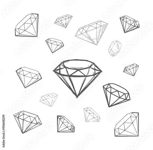 Collection of hand drawn black and white diamonds scattered across white jewel precious