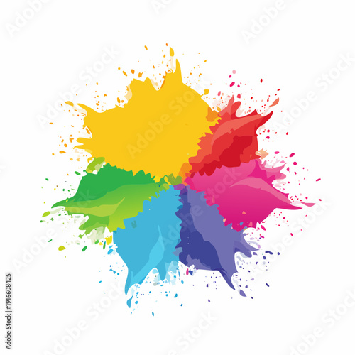 Vibrant explosion of colors forming a circular pattern, representing a spectrum of hues with paint splatters and artistic flair